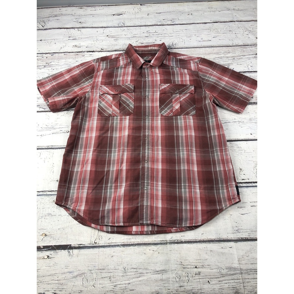 PrAna Men's Short Sleeve Plaid Casual Button Up Shirt Size L Red Plaid